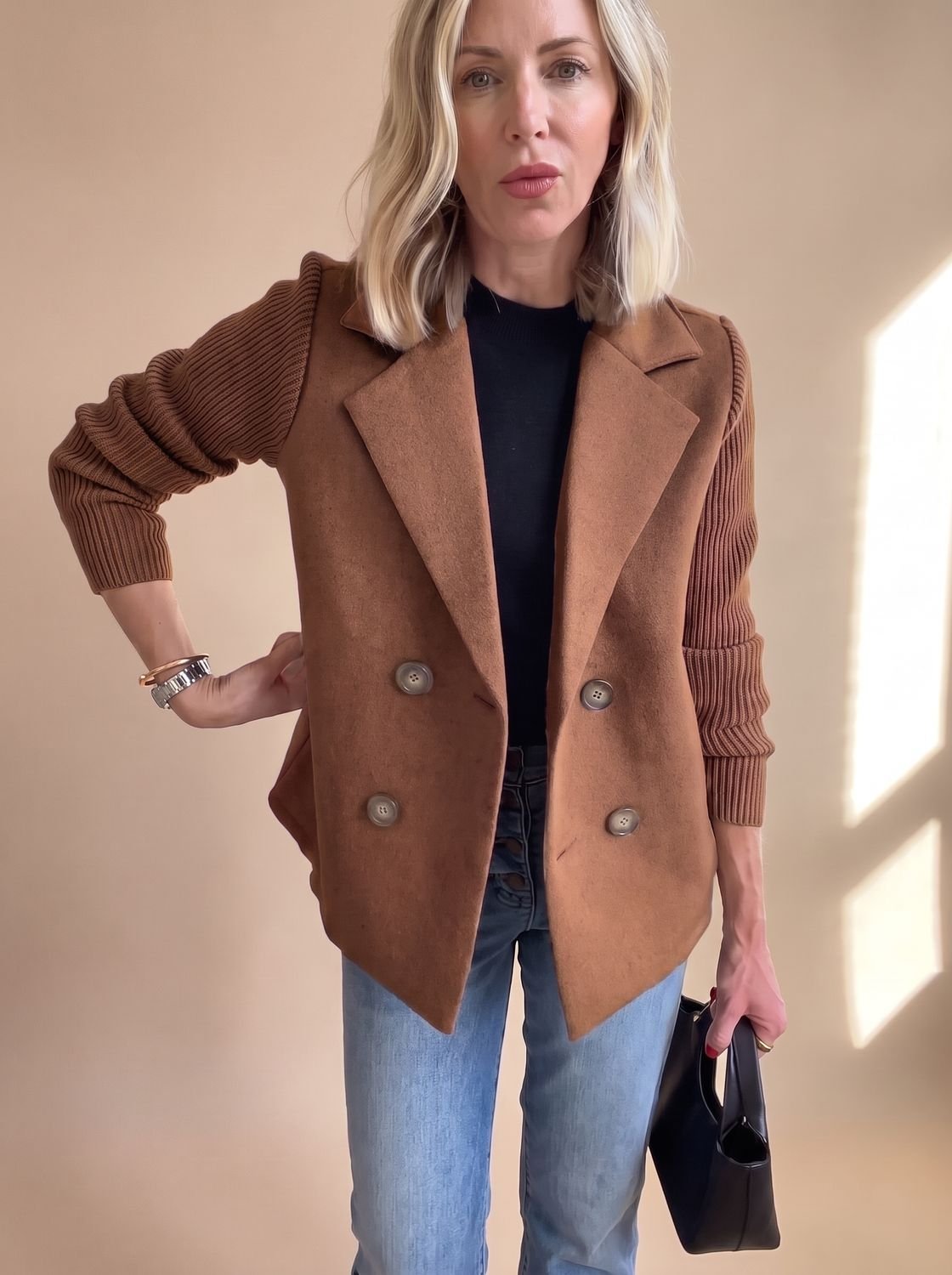 Madison | Women's Double-Breasted Knit-Sleeve Fitted Blazer