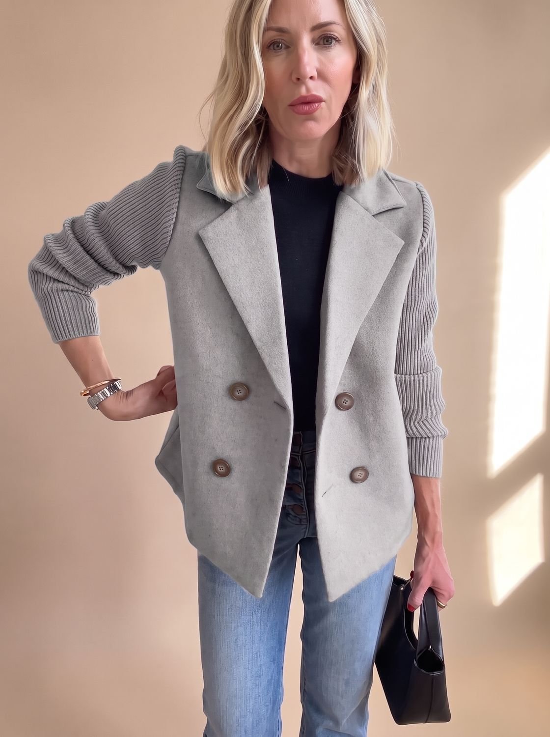 Madison | Women's Double-Breasted Knit-Sleeve Fitted Blazer