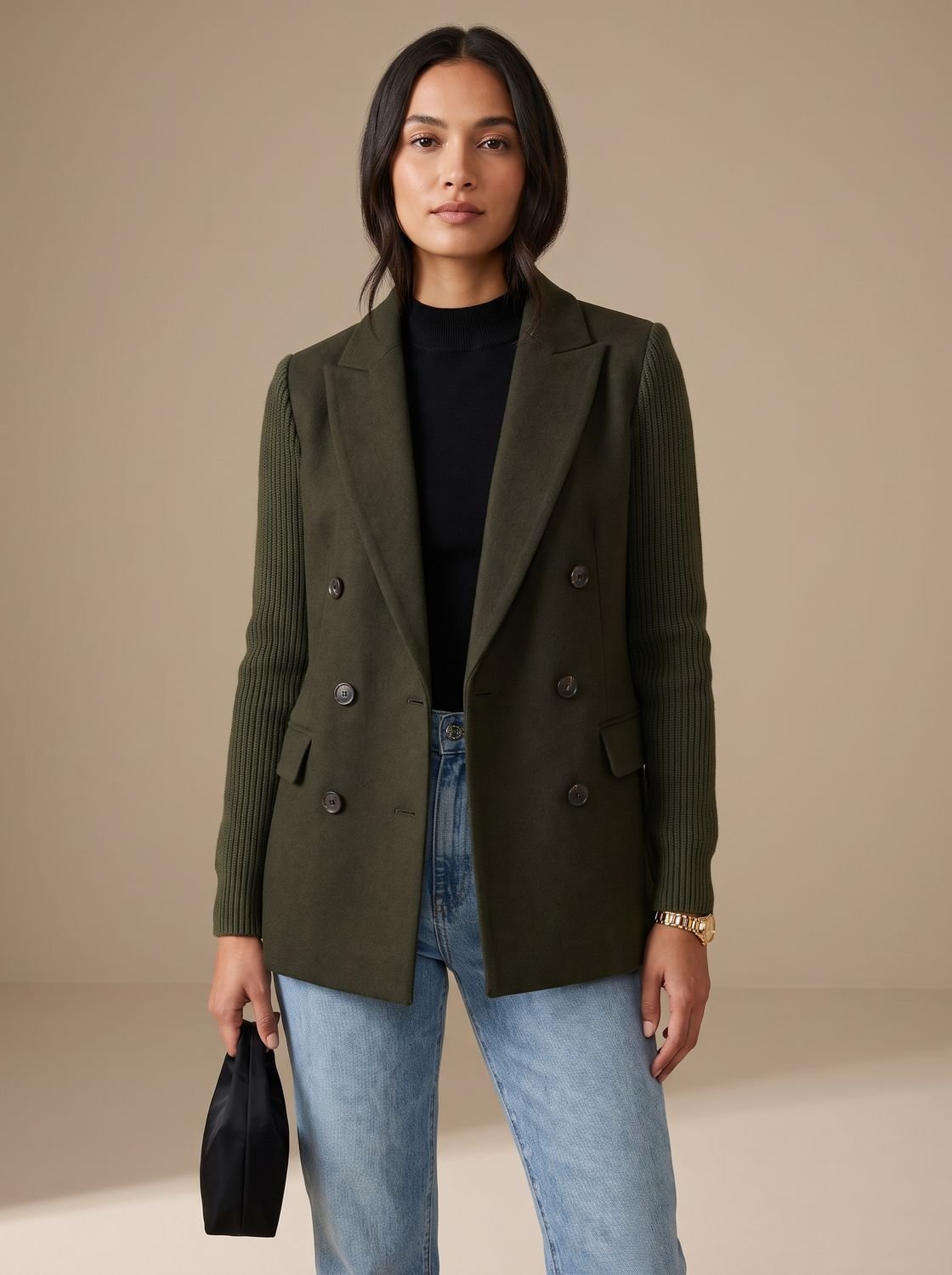 Madison | Women's Double-Breasted Knit-Sleeve Fitted Blazer
