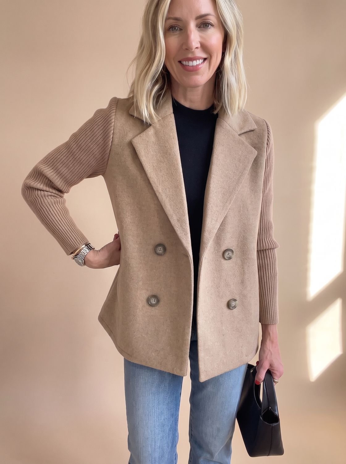 Madison | Women's Double-Breasted Knit-Sleeve Fitted Blazer