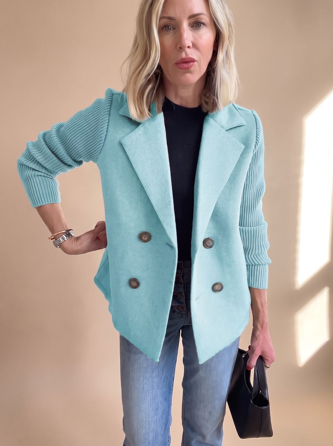 Madison | Women's Double-Breasted Knit-Sleeve Fitted Blazer