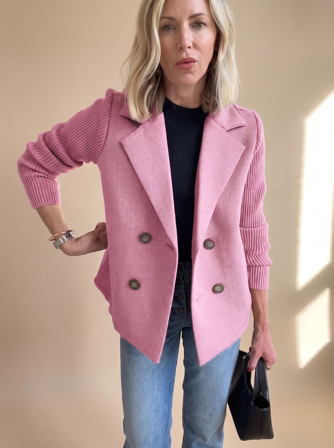 Madison | Women's Double-Breasted Knit-Sleeve Fitted Blazer