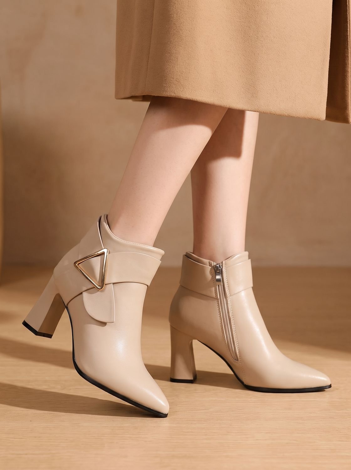 Madison | Women's Pointed-Toe Block Heel Ankle Boots Triangle Buckle