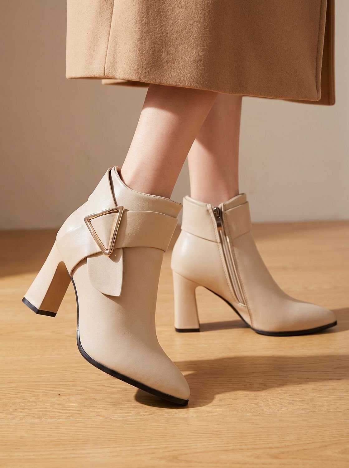 Madison | Women's Pointed-Toe Block Heel Ankle Boots Triangle Buckle