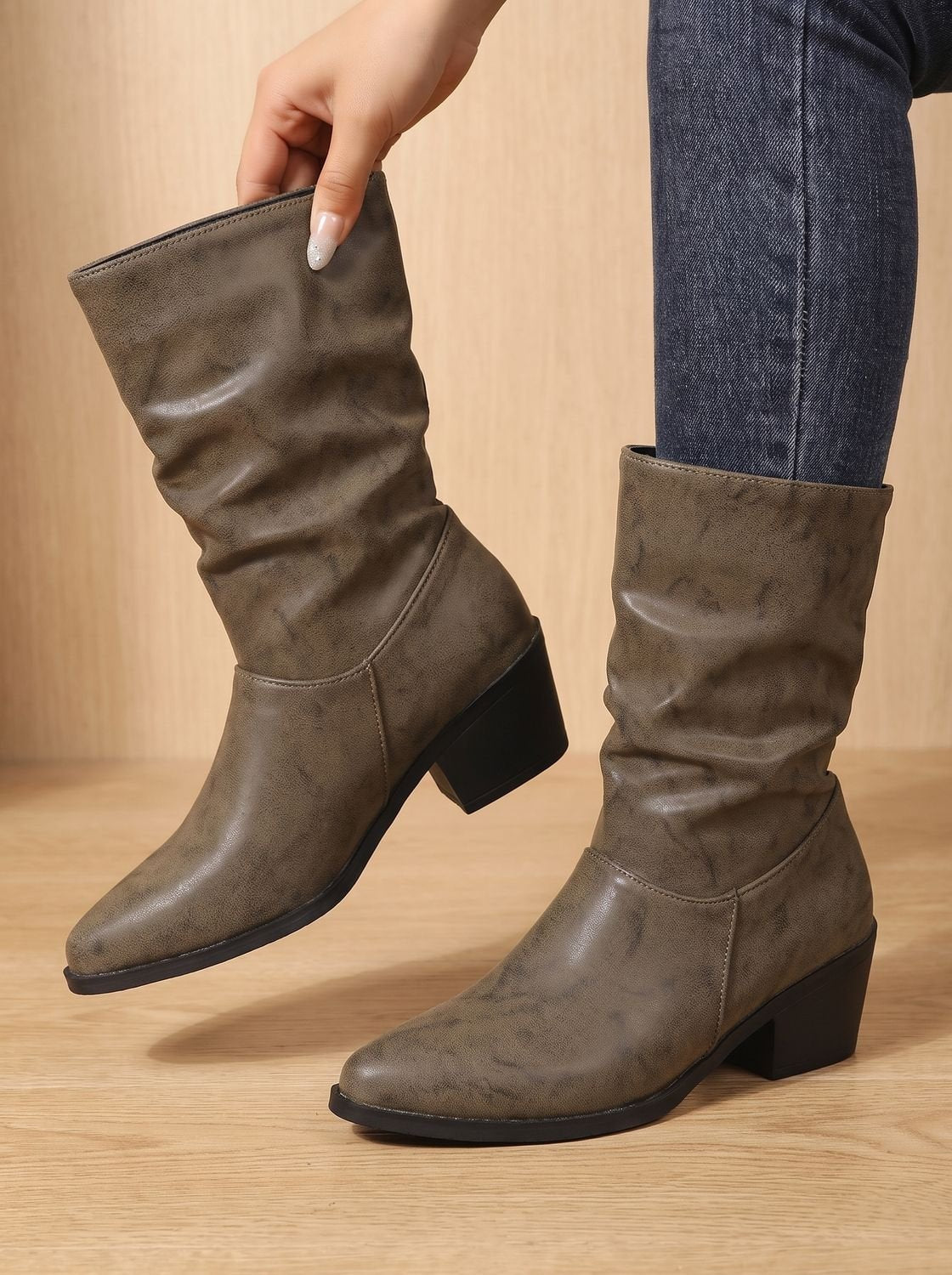 Madison | Women's Slouch Mid-Calf Block Heel Faux Leather Boots