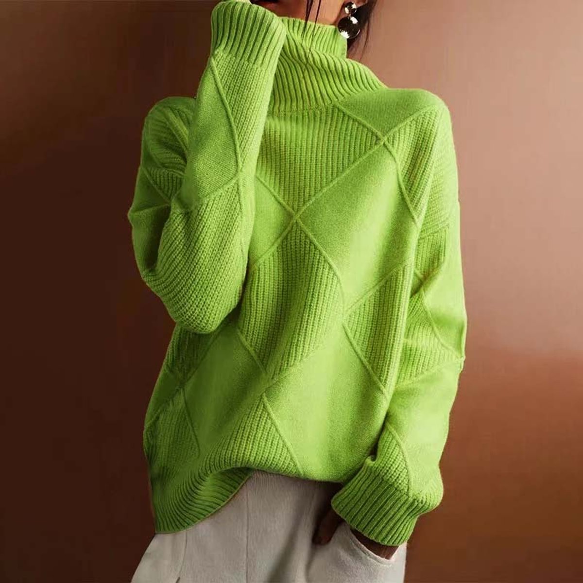 Marisol | Women's Diamond Pattern Oversized Turtleneck Sweater