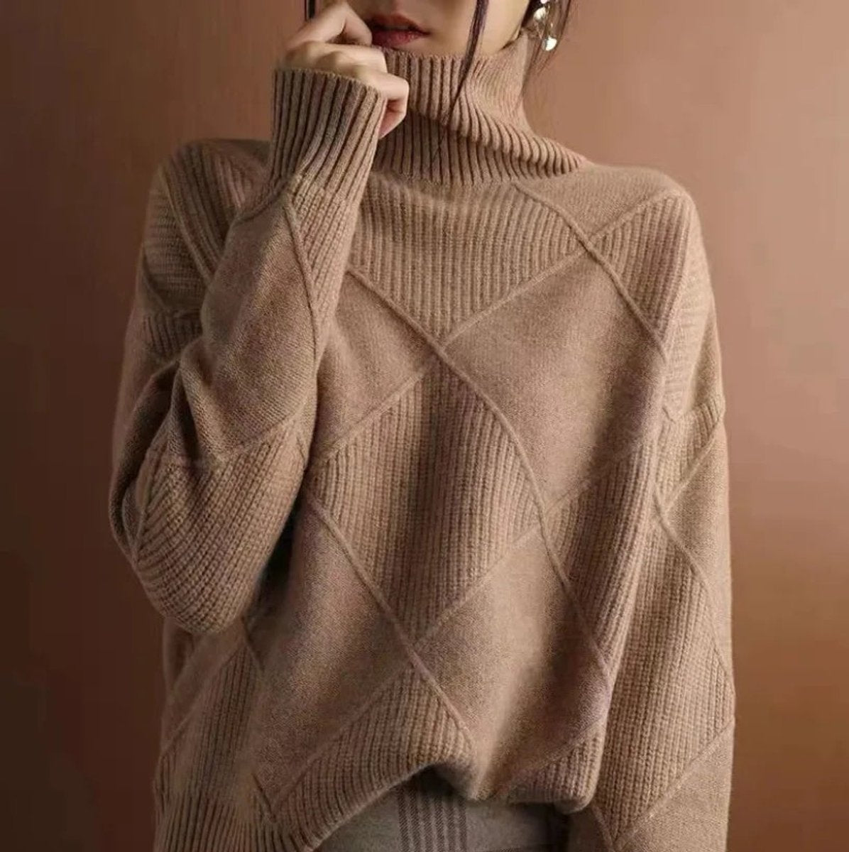 Marisol | Women's Diamond Pattern Oversized Turtleneck Sweater