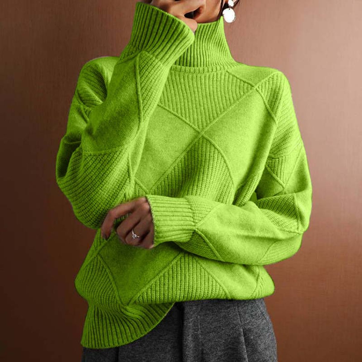 Marisol | Women's Diamond Pattern Oversized Turtleneck Sweater