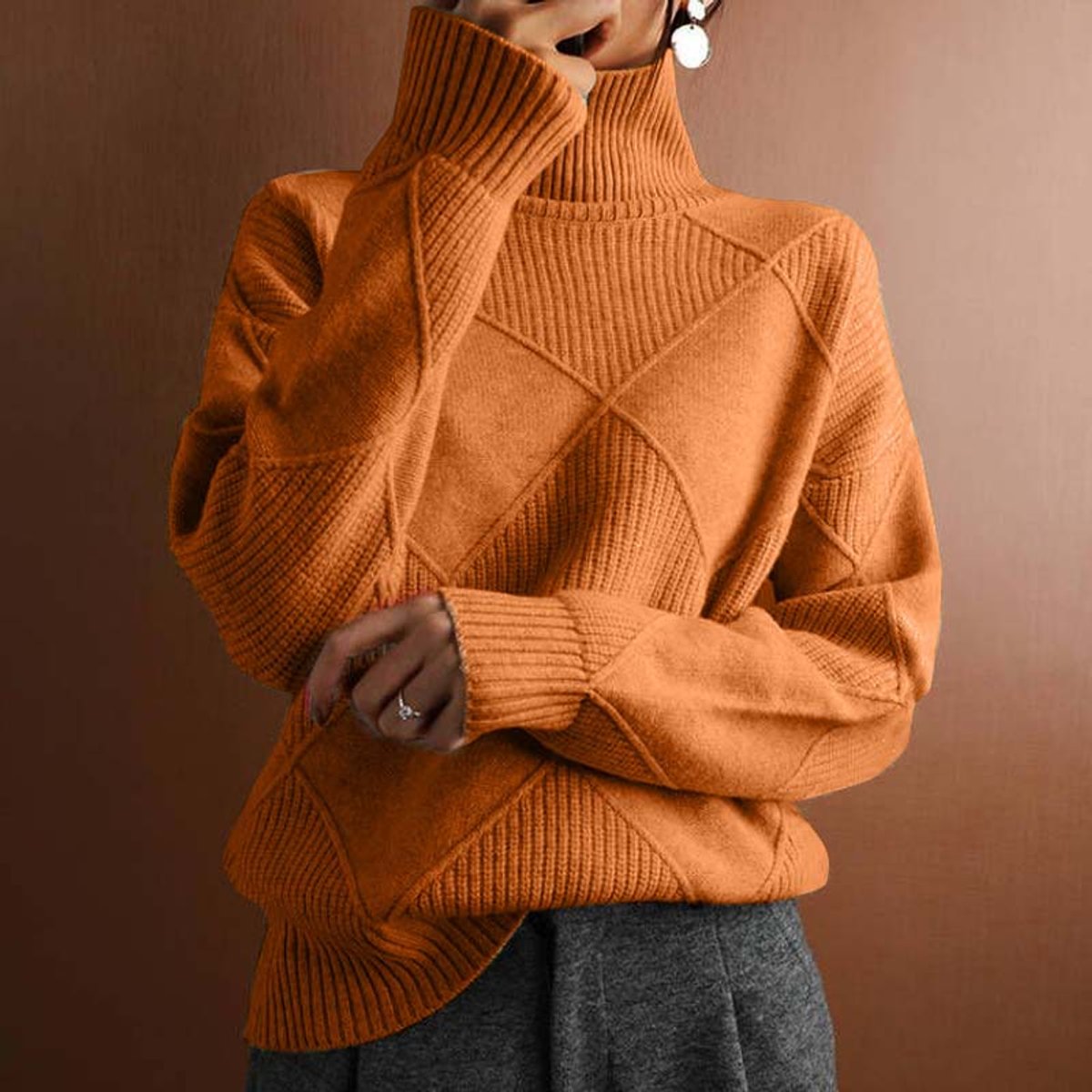 Marisol | Women's Diamond Pattern Oversized Turtleneck Sweater