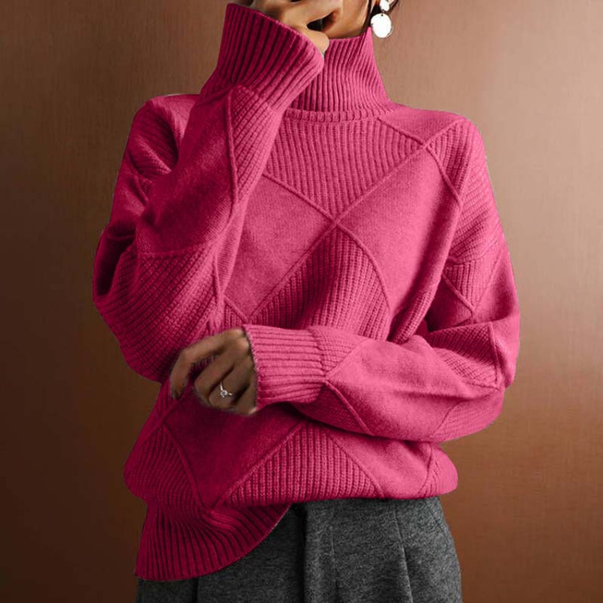 Marisol | Women's Diamond Pattern Oversized Turtleneck Sweater