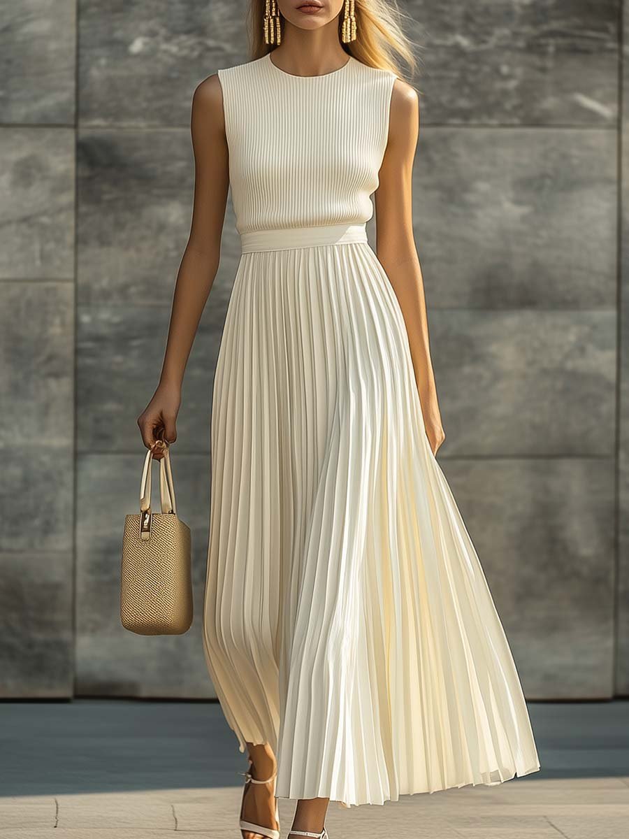 Maxi Dress for Women with Sleeveless Knit Bodice and Pleated Chiffon Hem