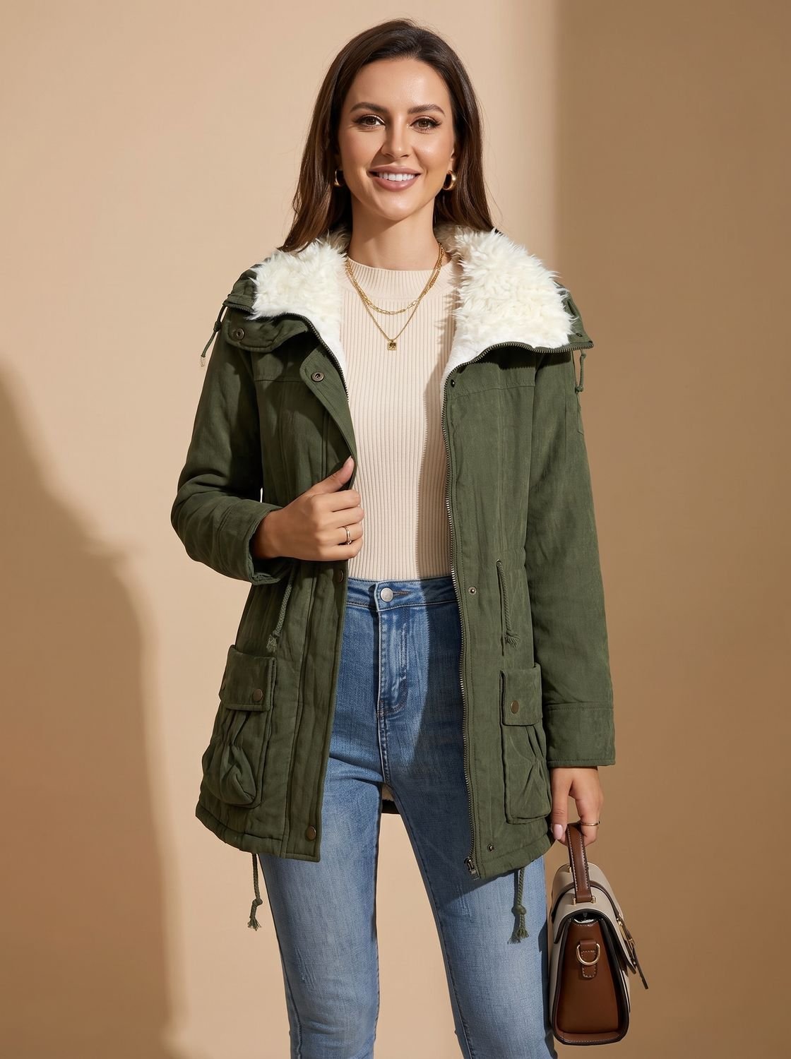 Mia | Women's Faux-Fur Collar Drawstring Waist Winter Parka Coat