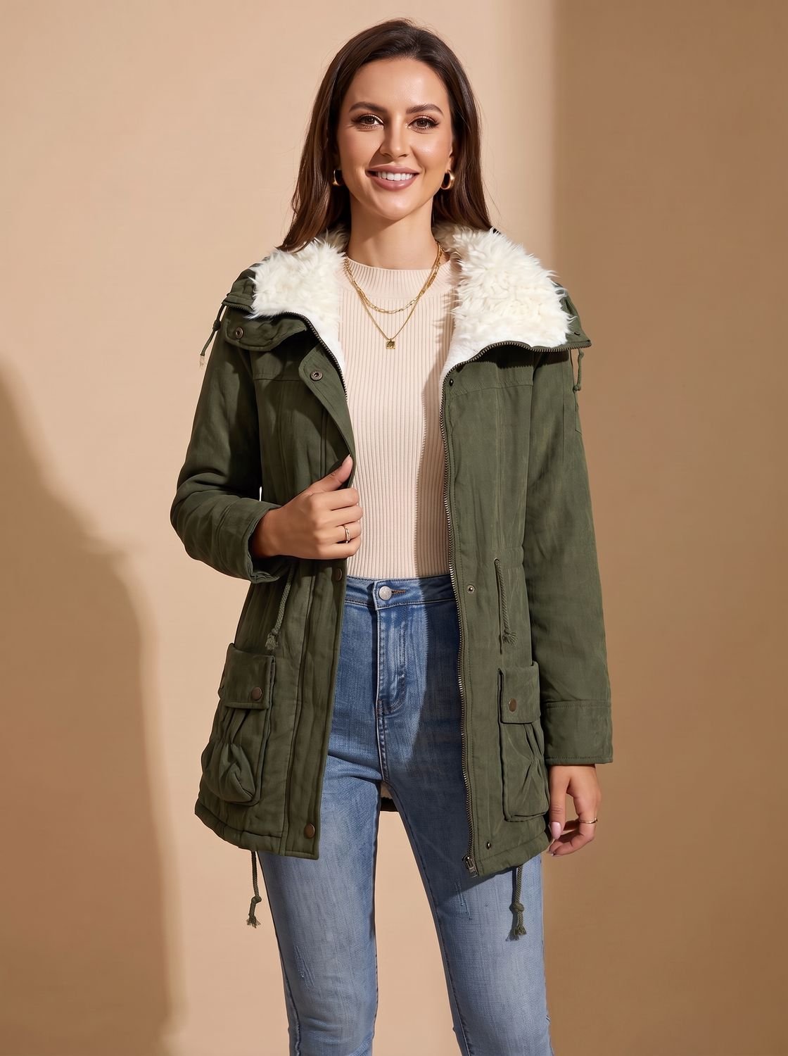Mia | Women's Faux-Fur Collar Drawstring Waist Winter Parka Coat