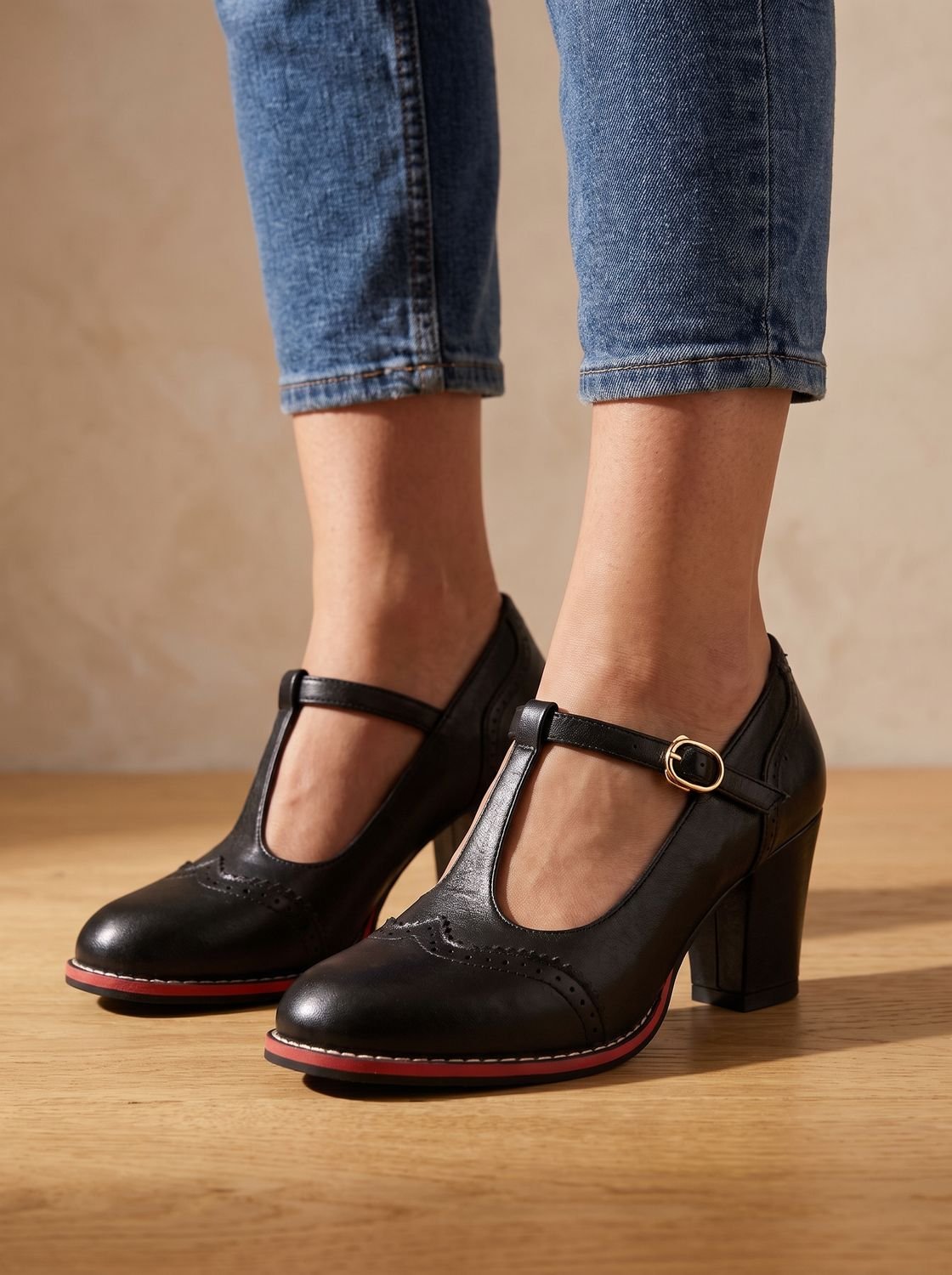Mia | Women's Retro Brogue T-Bar Block Heel Pumps