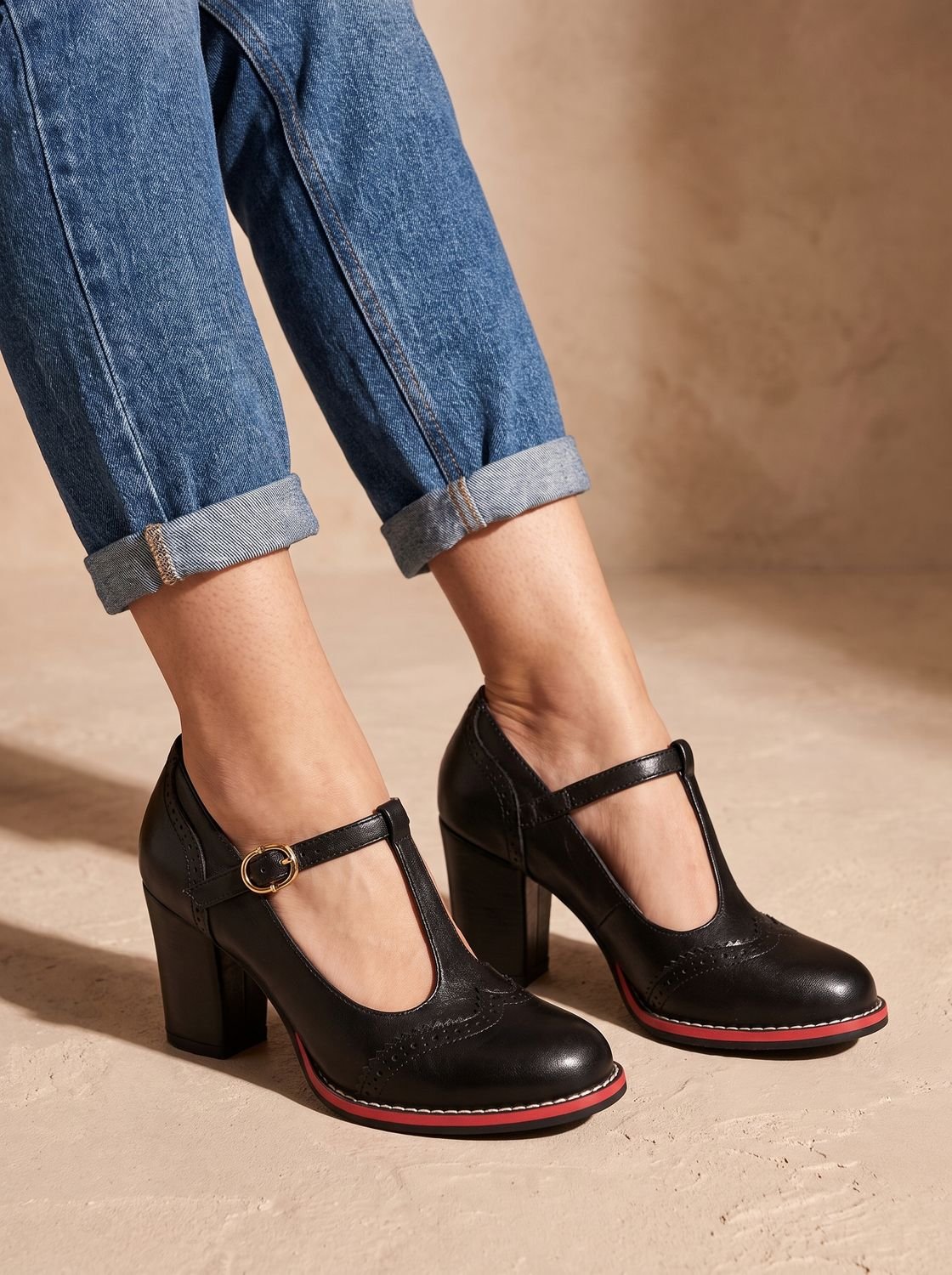 Mia | Women's Retro Brogue T-Bar Block Heel Pumps