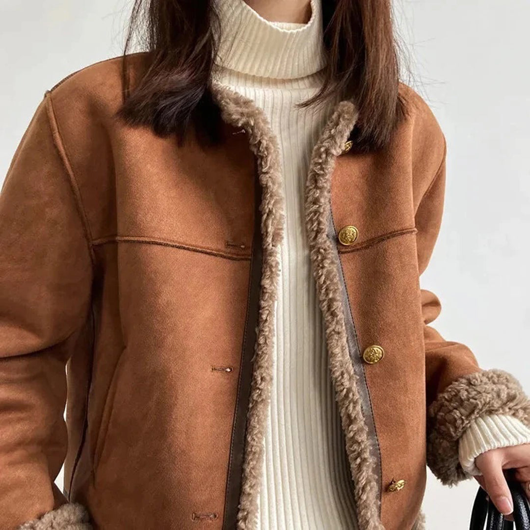 Odette | Women's Collarless Button Front Shearling Coat