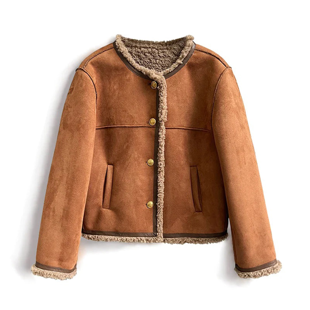 Odette | Women's Collarless Button Front Shearling Coat