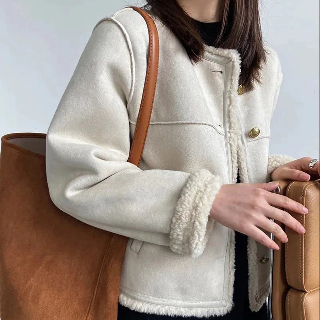 Odette | Women's Collarless Button Front Shearling Coat