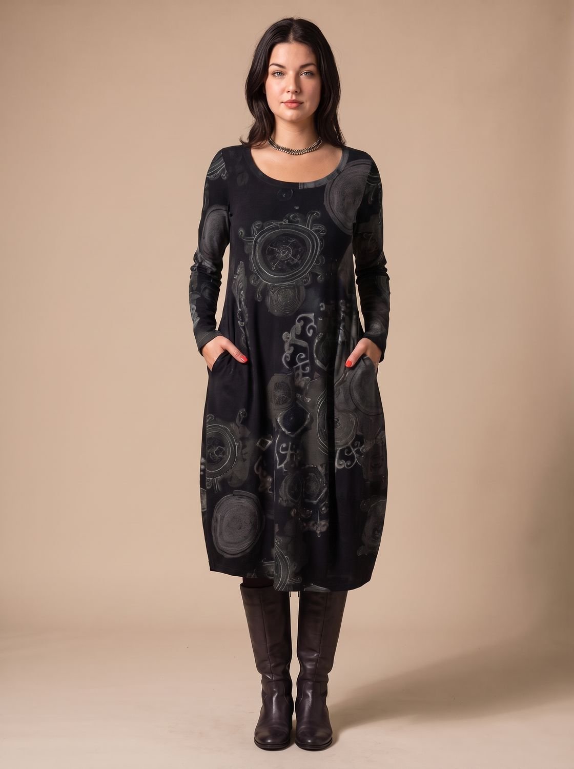 Olivia | Women's Long-Sleeve Allover-Print Midi Dress Pockets