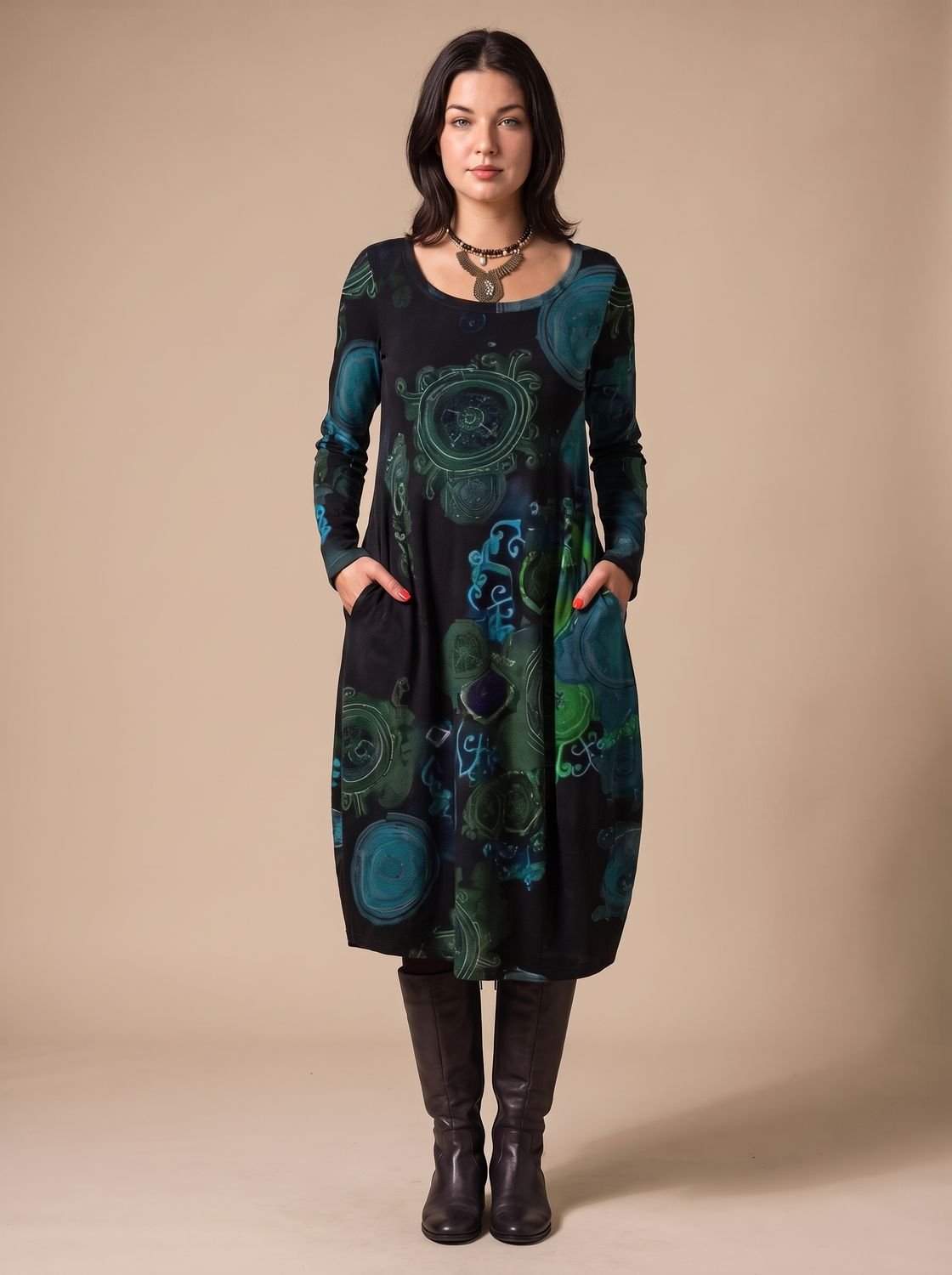 Olivia | Women's Long-Sleeve Allover-Print Midi Dress Pockets