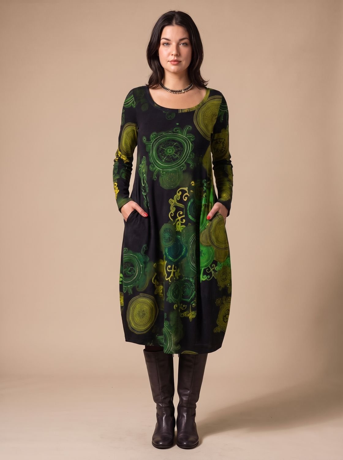Olivia | Women's Long-Sleeve Allover-Print Midi Dress Pockets