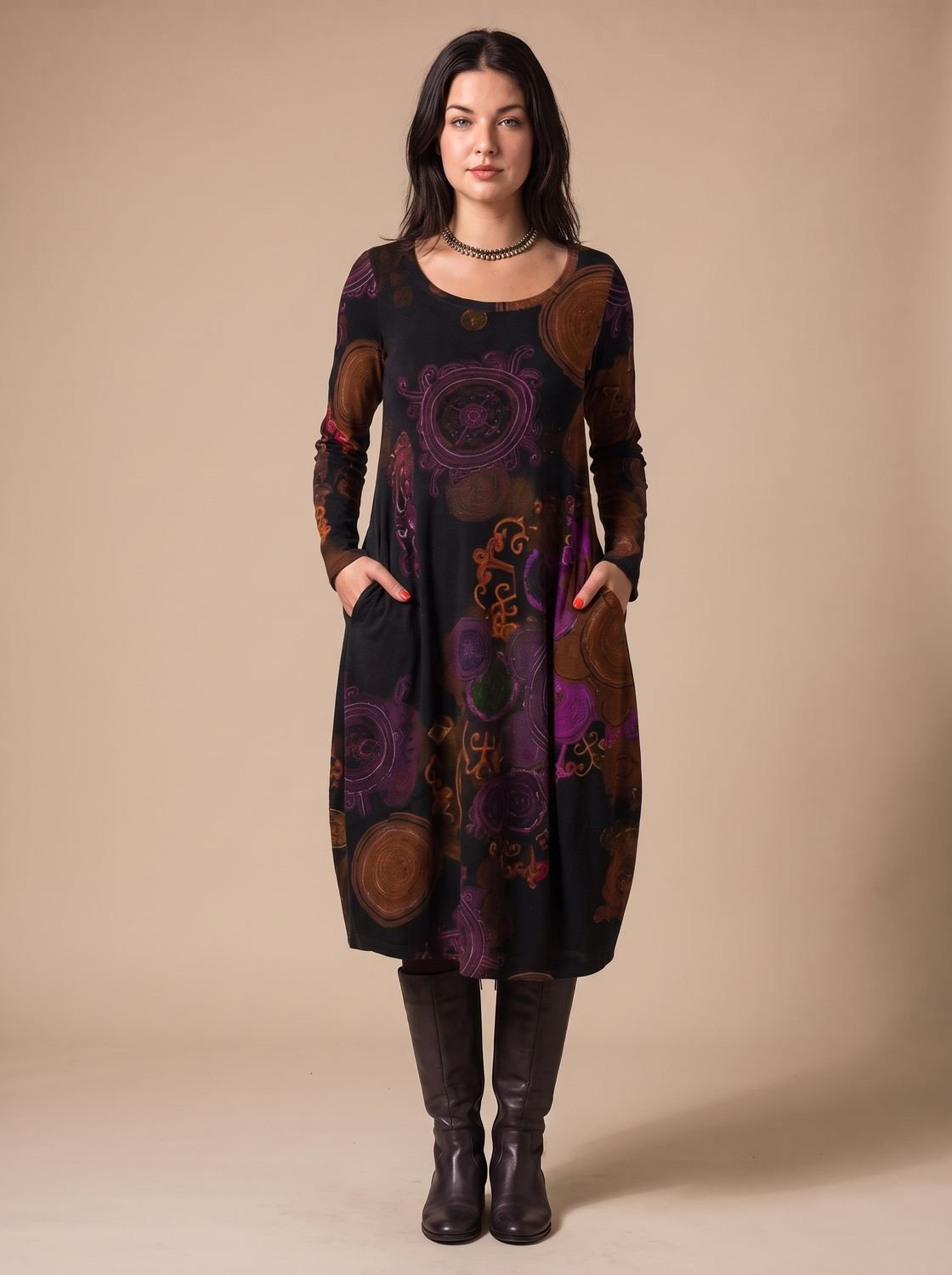 Olivia | Women's Long-Sleeve Allover-Print Midi Dress Pockets