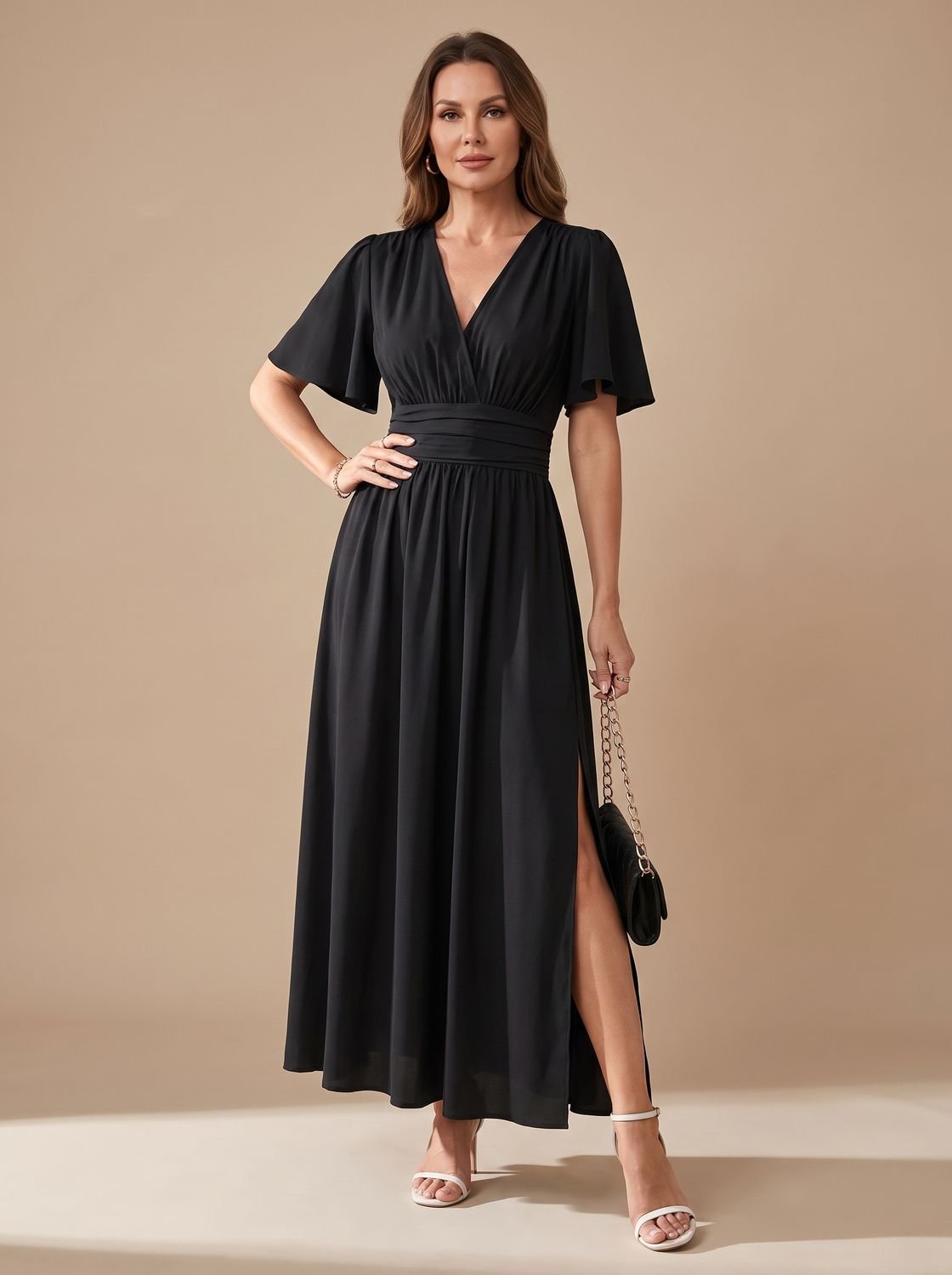 Olivia | Women's V-Neck Flutter-Sleeve High-Waist Maxi Dress Side Slit