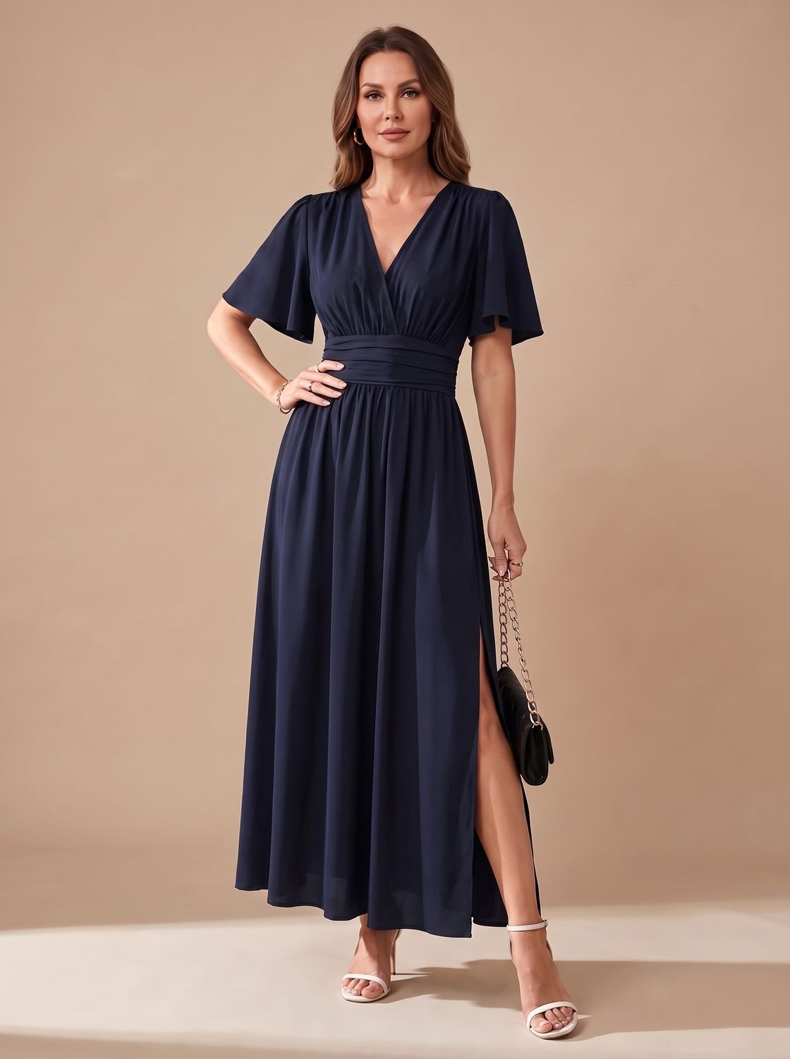 Olivia | Women's V-Neck Flutter-Sleeve High-Waist Maxi Dress Side Slit