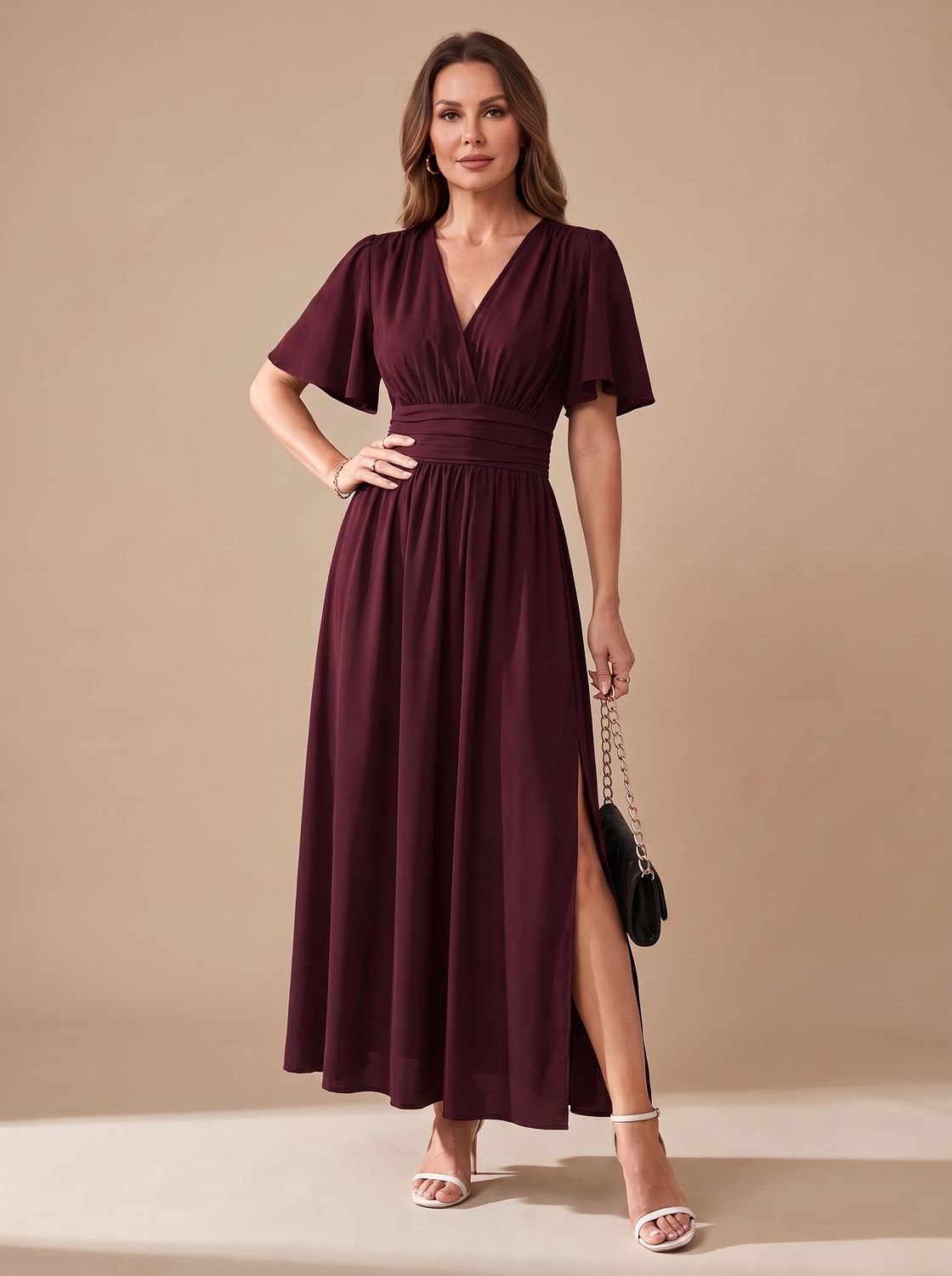 Olivia | Women's V-Neck Flutter-Sleeve High-Waist Maxi Dress Side Slit