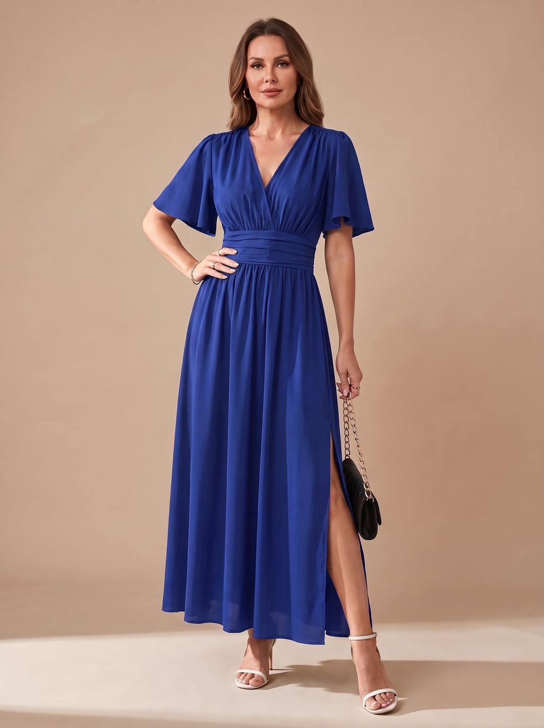 Olivia | Women's V-Neck Flutter-Sleeve High-Waist Maxi Dress Side Slit