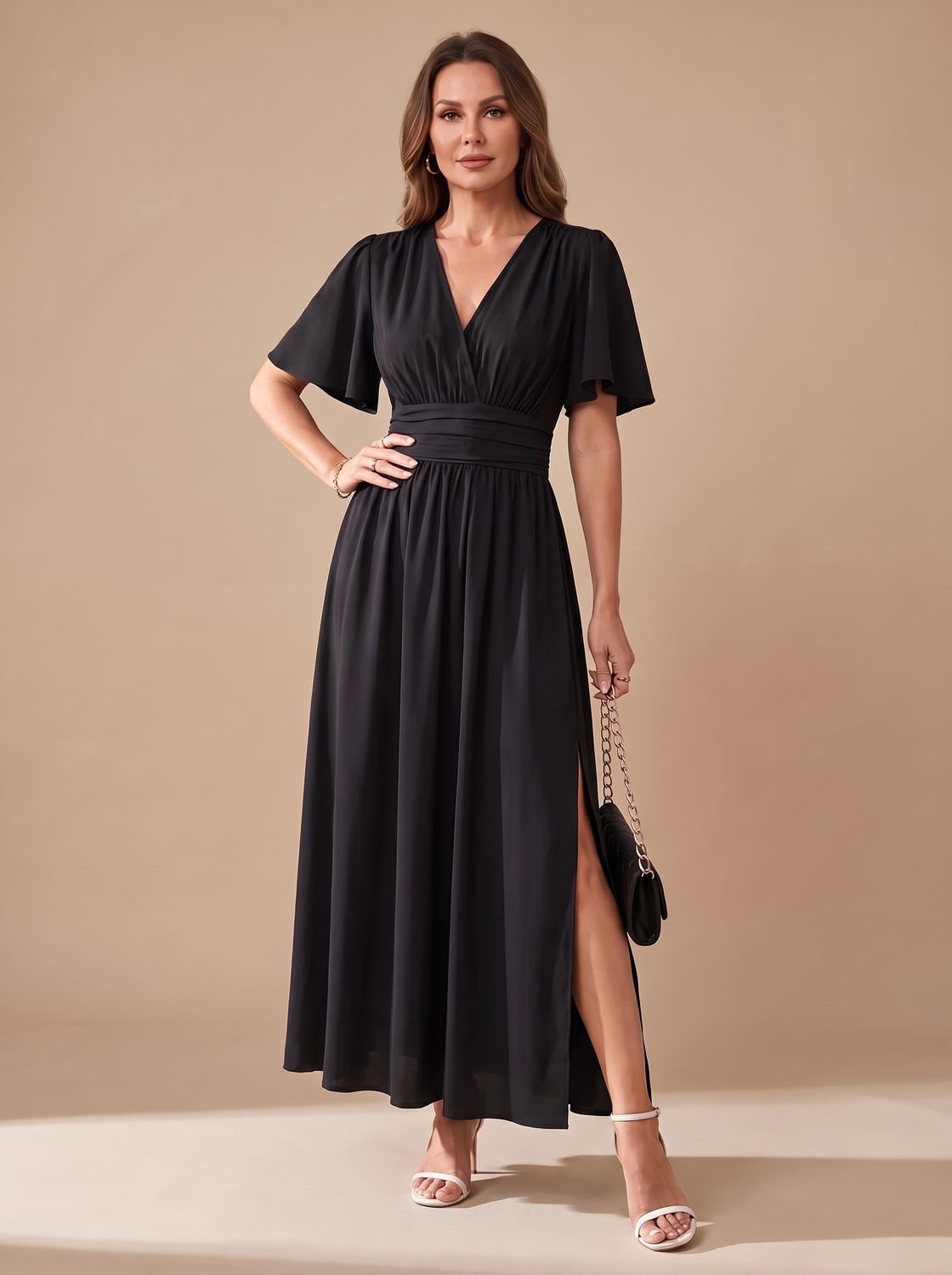 Olivia | Women's V-Neck Flutter-Sleeve High-Waist Maxi Dress Side Slit