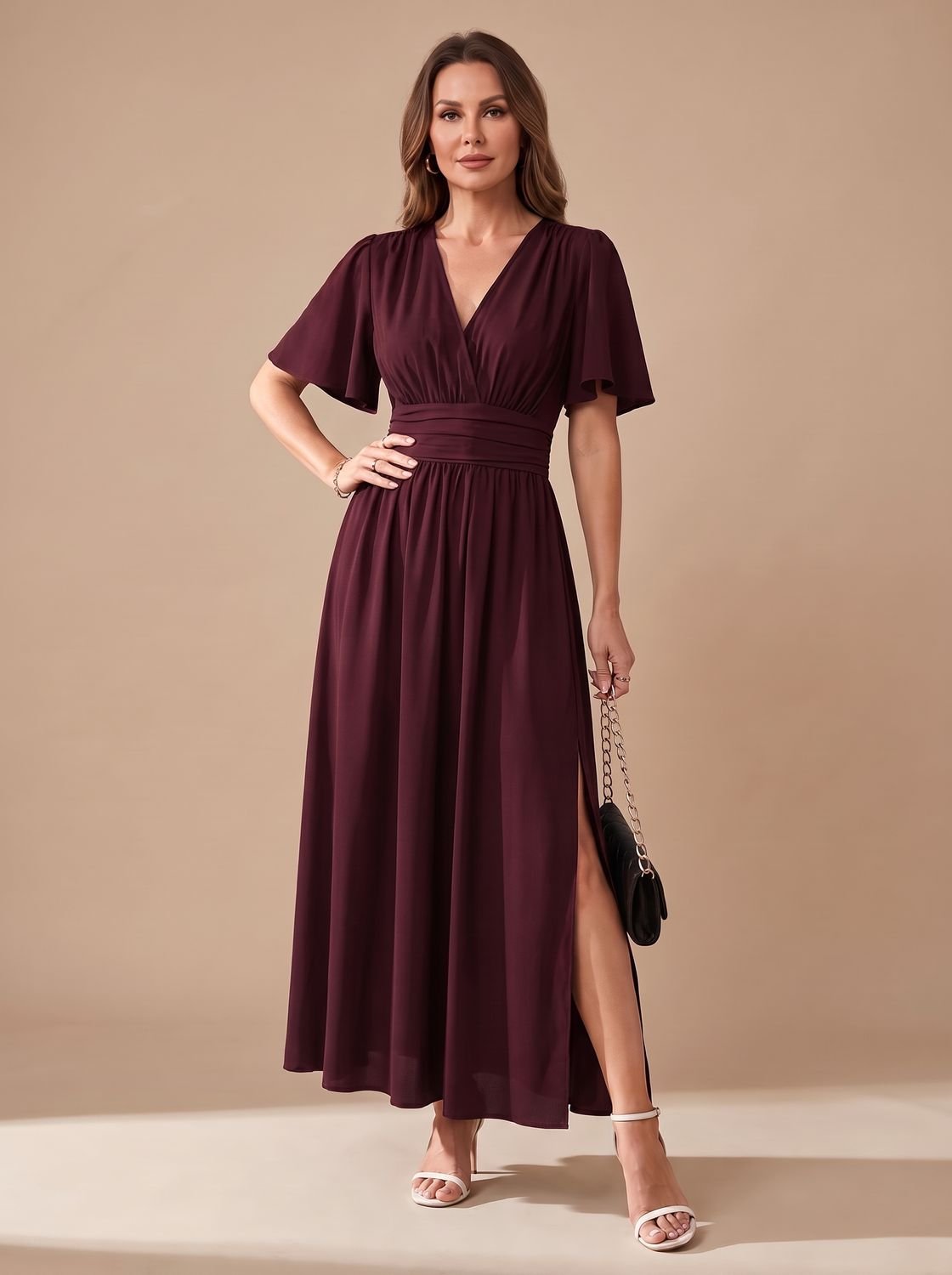 Olivia | Women's V-Neck Flutter-Sleeve High-Waist Maxi Dress Side Slit