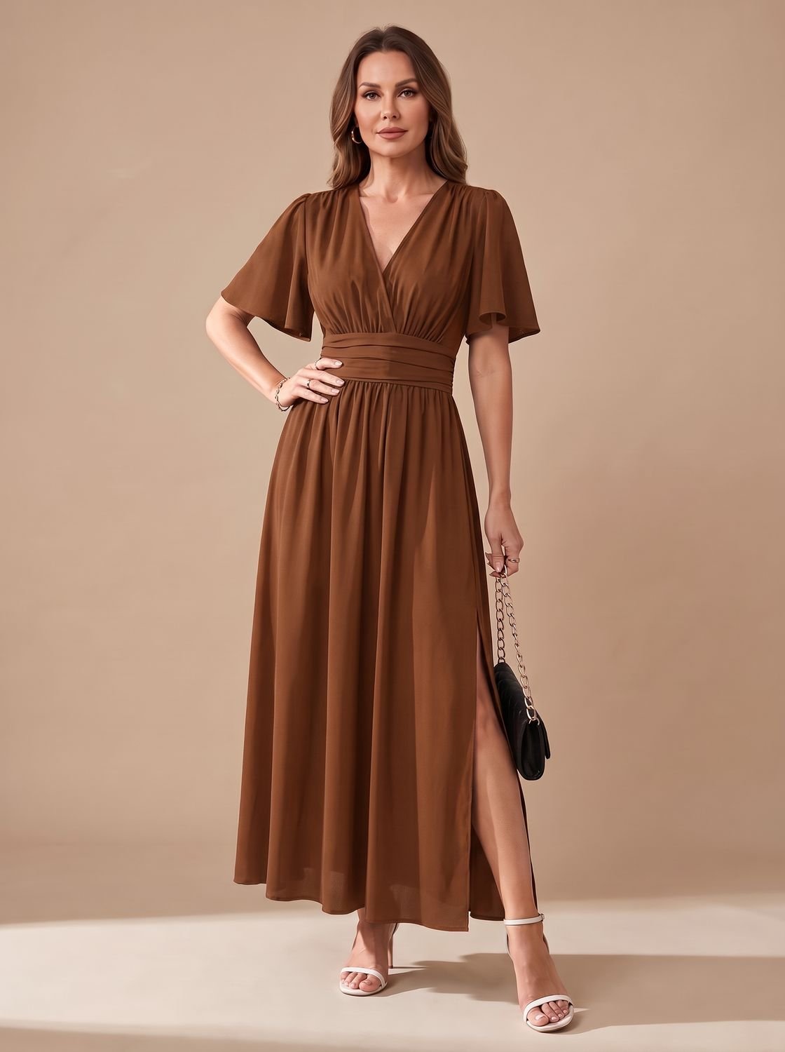 Olivia | Women's V-Neck Flutter-Sleeve High-Waist Maxi Dress Side Slit