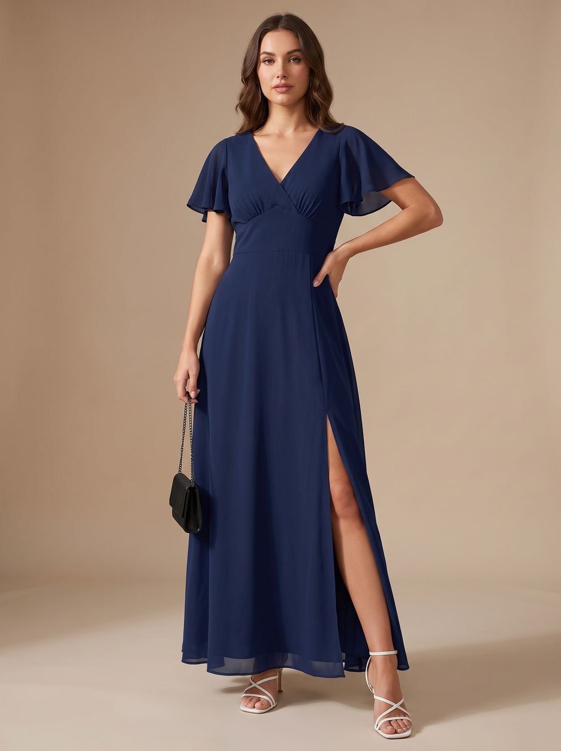 Olivia | Women's V-Neck Flutter-Sleeve High-Waist Maxi Dress Side Slit
