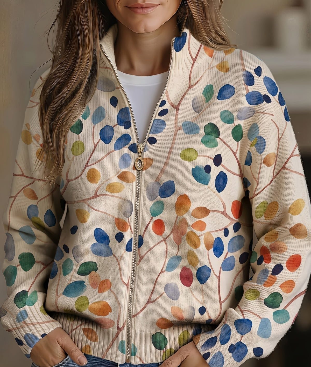 Ophelia | Women's Botanical Print Zip-Up Cardigan