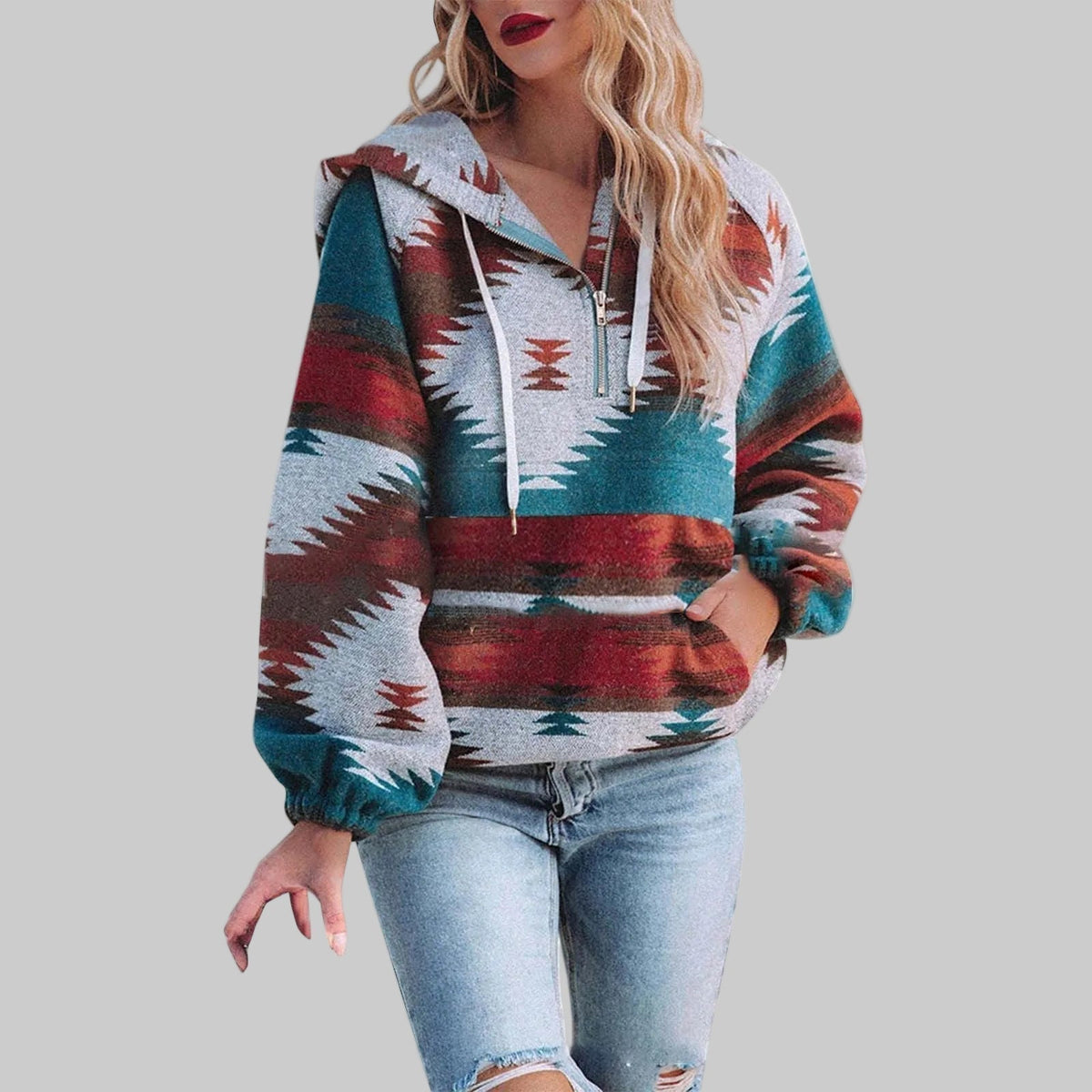 Paloma | Women's Aztec Print Half-Zip Hooded Sweater