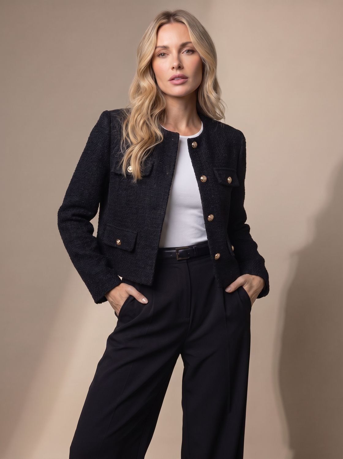 Penelope | Women's Cropped Tweed Blazer Collarless Gold-Button Flap-Pocket Jacket