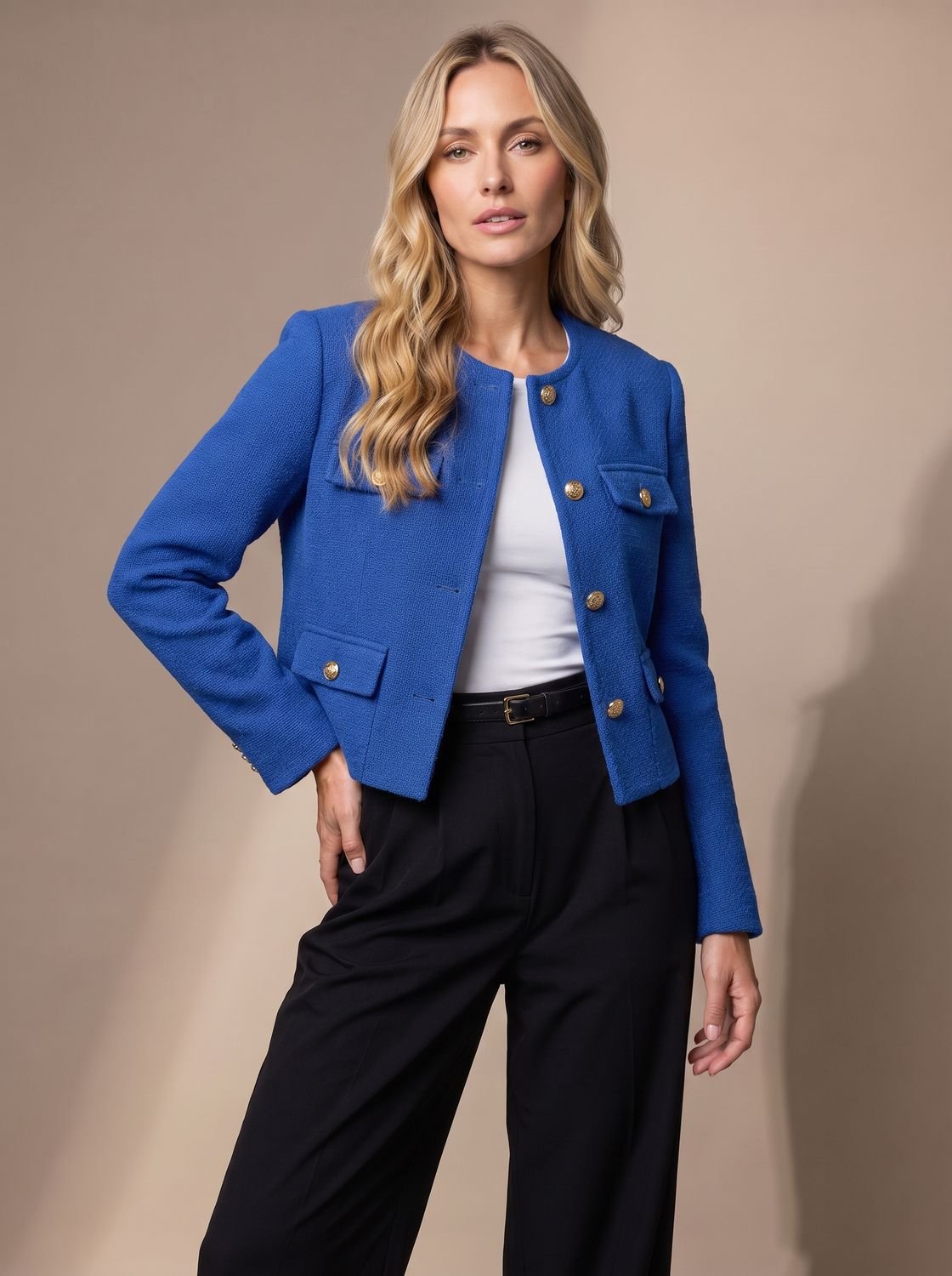 Penelope | Women's Cropped Tweed Blazer Collarless Gold-Button Flap-Pocket Jacket