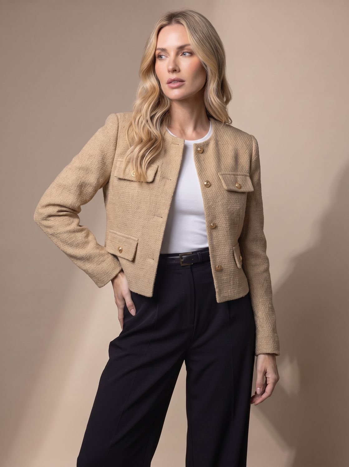 Penelope | Women's Cropped Tweed Blazer Collarless Gold-Button Flap-Pocket Jacket