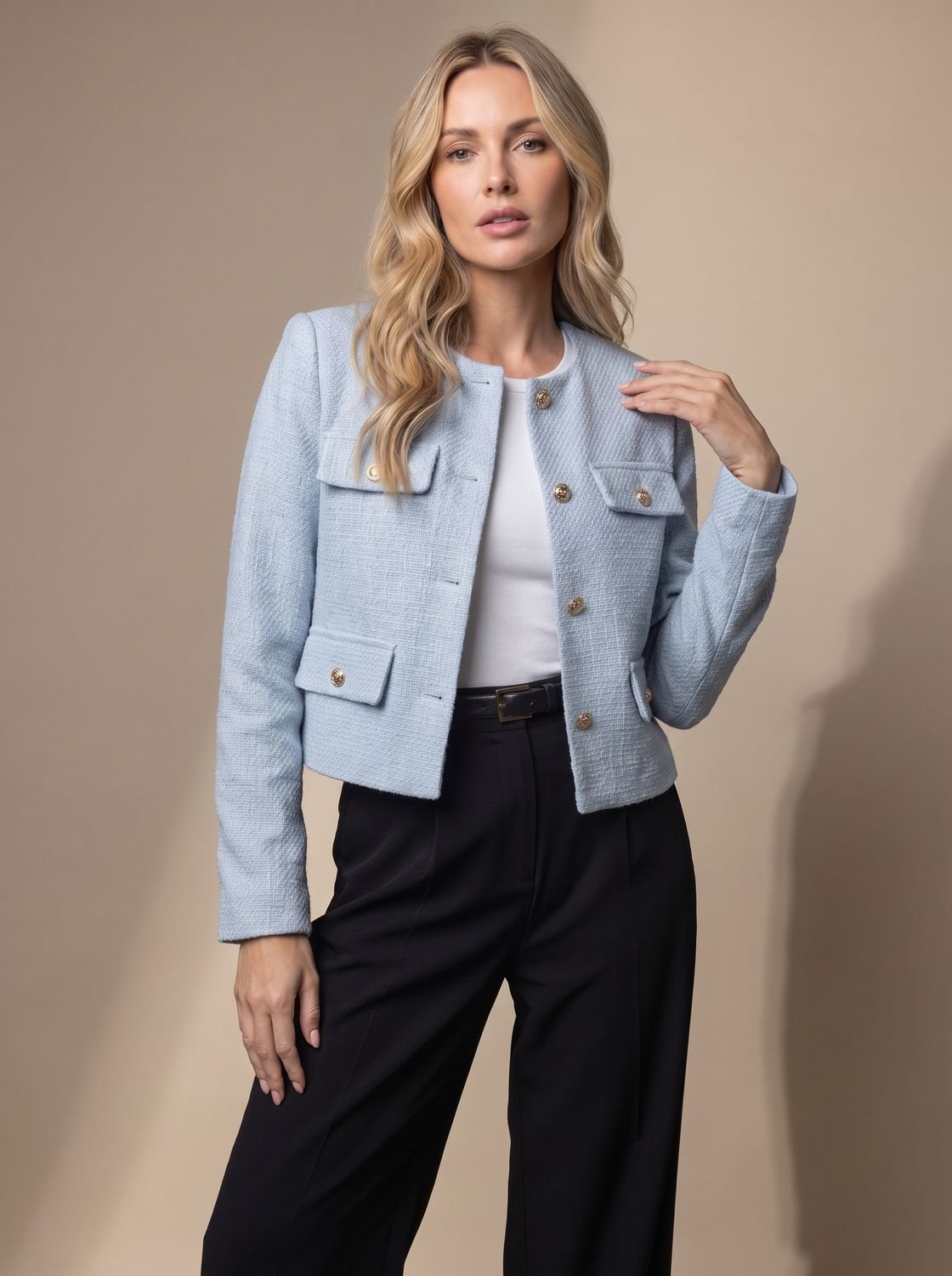 Penelope | Women's Cropped Tweed Blazer Collarless Gold-Button Flap-Pocket Jacket