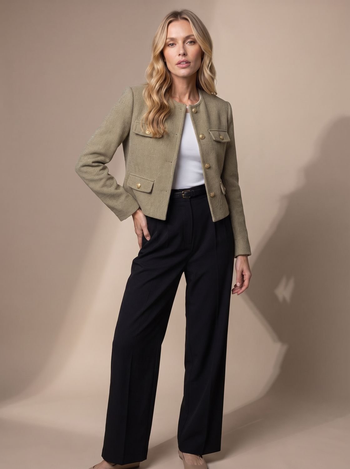 Penelope | Women's Cropped Tweed Blazer Collarless Gold-Button Flap-Pocket Jacket