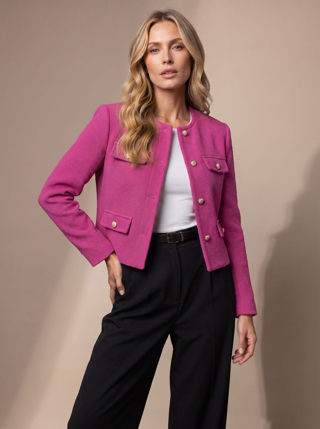 Penelope | Women's Cropped Tweed Blazer Collarless Gold-Button Flap-Pocket Jacket