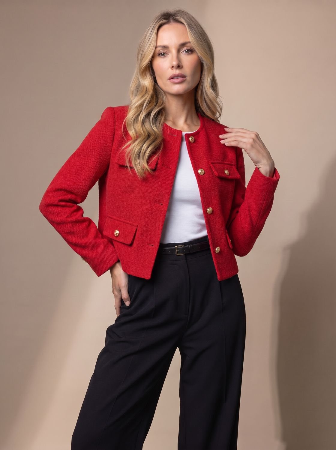 Penelope | Women's Cropped Tweed Blazer Collarless Gold-Button Flap-Pocket Jacket
