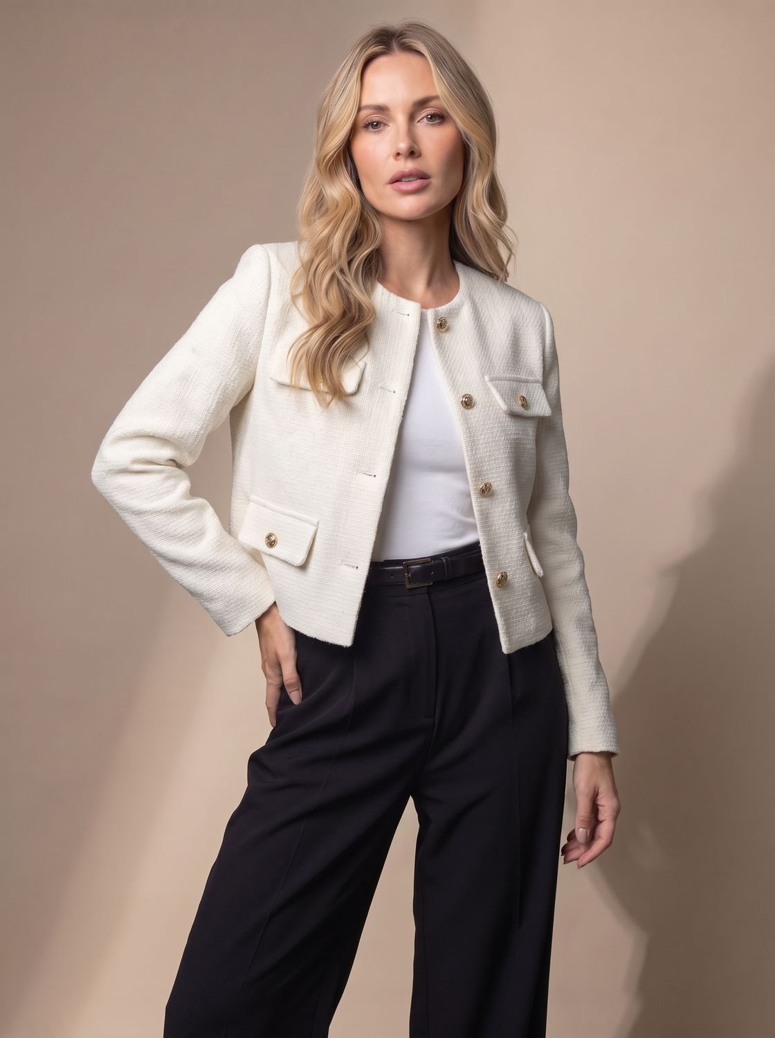 Penelope | Women's Cropped Tweed Blazer Collarless Gold-Button Flap-Pocket Jacket