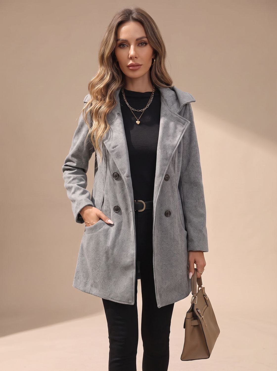 Penelope | Women's Double-Breasted Lapel Wool-Blend Coat with Pockets