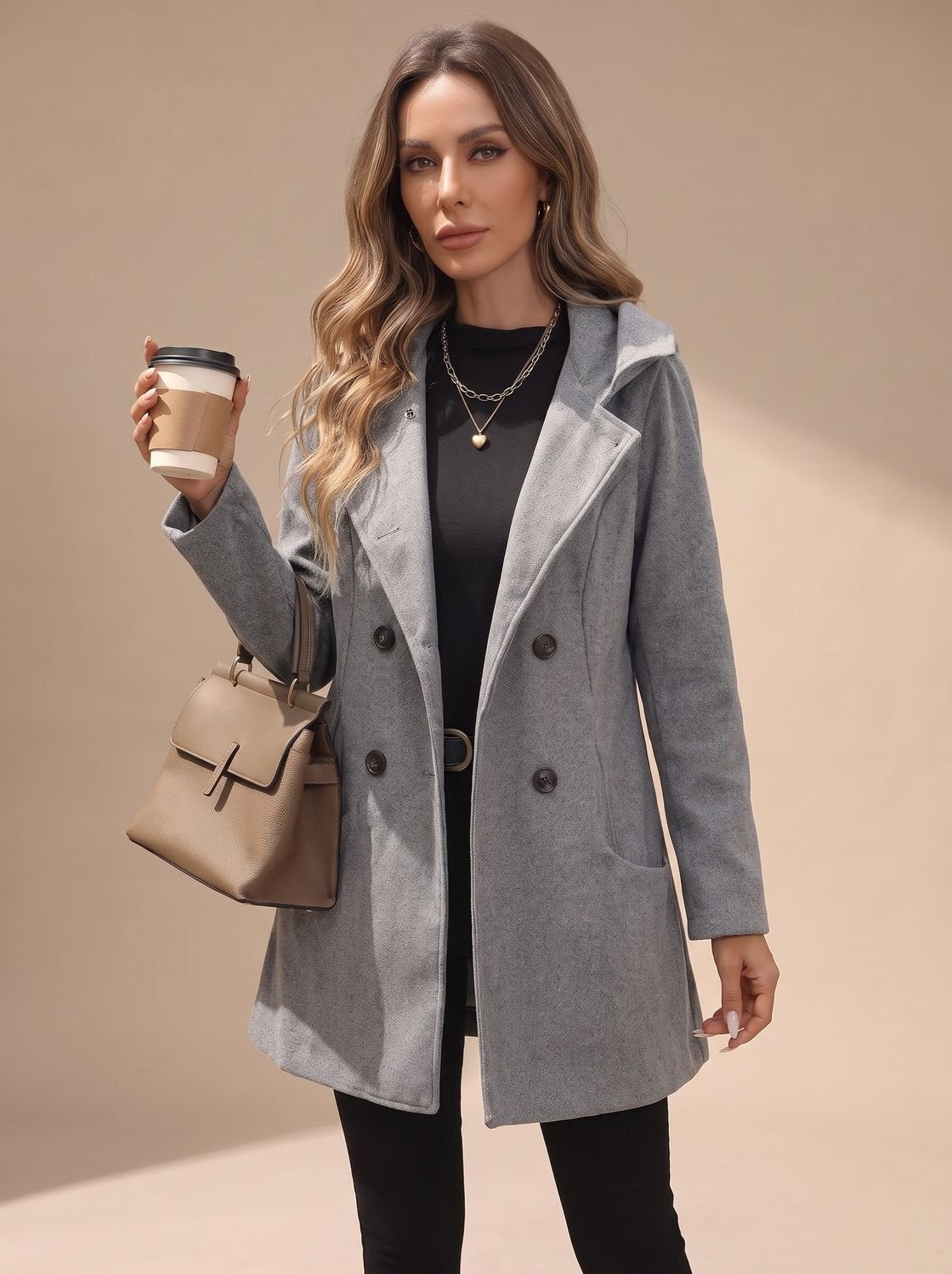 Penelope | Women's Double-Breasted Lapel Wool-Blend Coat with Pockets