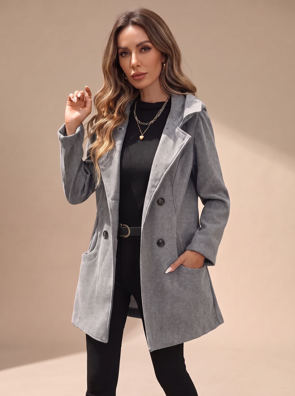 Penelope | Women's Double-Breasted Lapel Wool-Blend Coat with Pockets