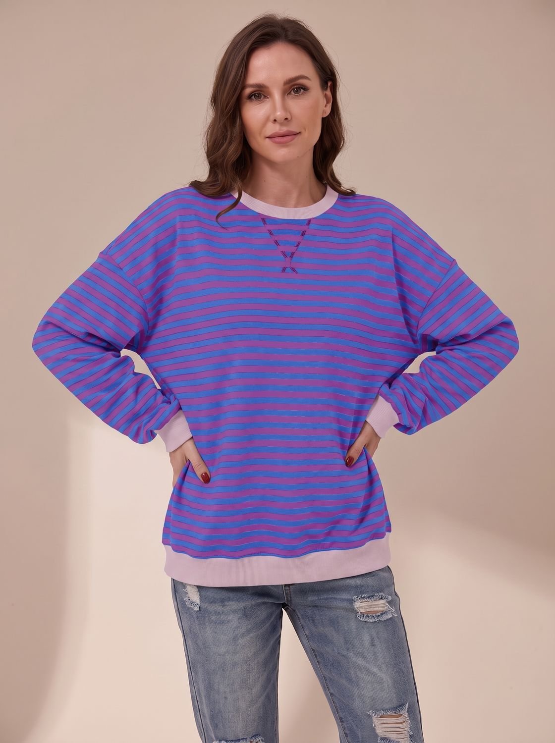 Penelope | Women's Oversized Retro Striped Crewneck Sweatshirt