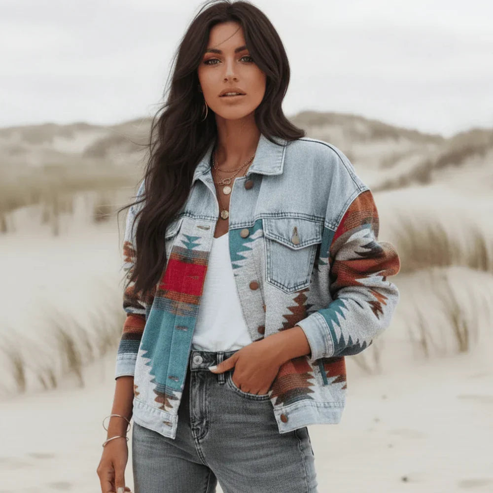 Presley | Women's Geometric Print Button Front Denim Jacket