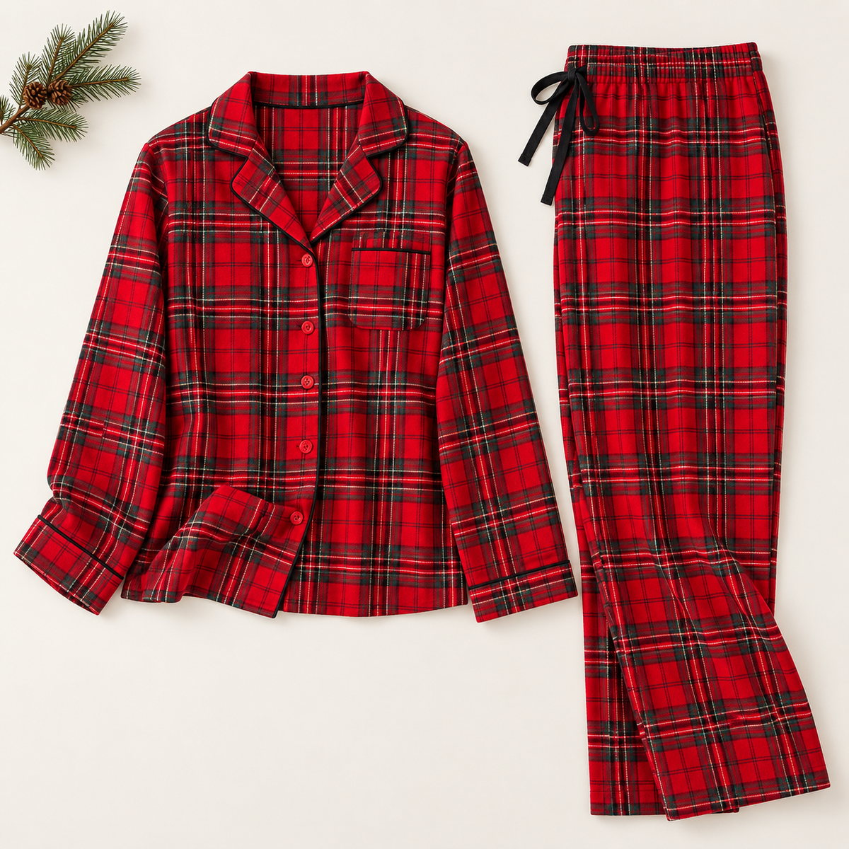 Red Plaid Christmas Pajama Set for Women, 100% Cotton